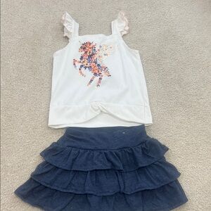 White Unicorn Tank Top and Navy Ruffle Skirt Set